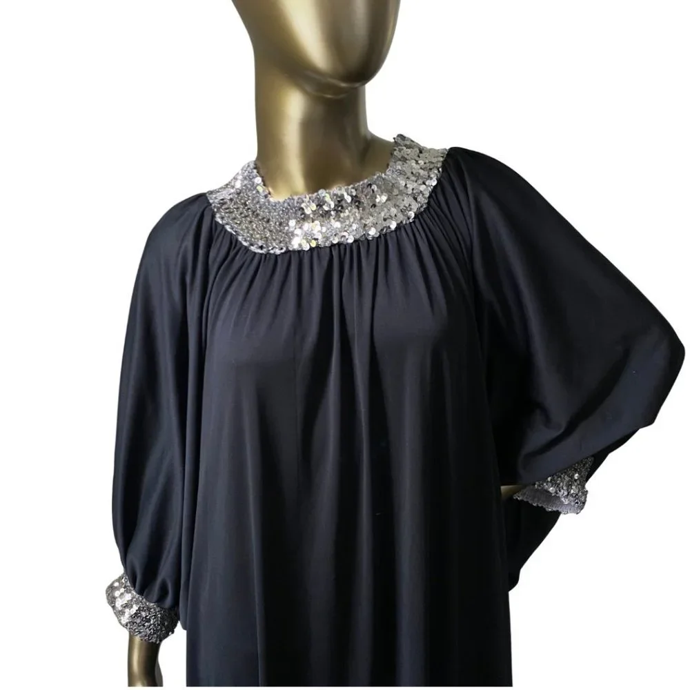 Vintage GLAM 70s Caftan Sequin Trimmed Maxi Dress 1970s Lounge Wear S-M-L - Picture 4 of 11